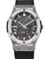 Here is a compelling timepiece with a lightweight titanium case, a skeletonized dial, a diamond-set