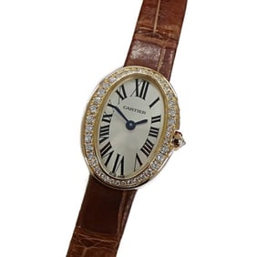 Cartier Women's Mini Baignoire Diamond Quartz 750PG Leather WB520028 Pink Gold Brown Polished
