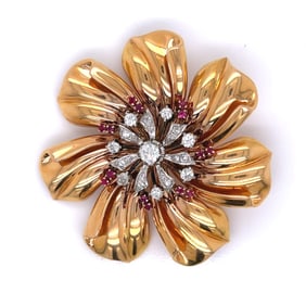 ROSSELLO Retro 18K Rose Gold Ruby & Diamond Flower Brooch