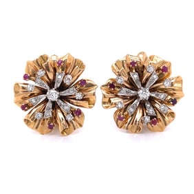 ROSSELLO Retro 18K Rose Gold Diamond & Ruby Flower Earrings