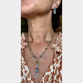 BVLGARI 18K White Gold Diamond Tourmaline & Topaz Necklace and Earrings Set