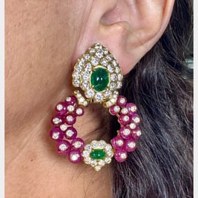 18K Yellow Gold Diamond Ruby and Emerald Earrings