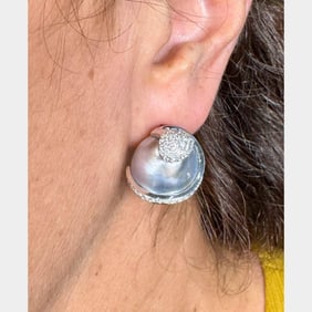 18K White Gold South Sea Pearl & Diamond Earrings