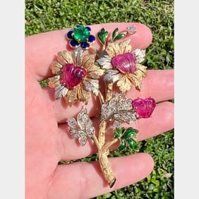 1960’s 18K Yellow Gold Diamond, Emerald, and Ruby Flower Brooch