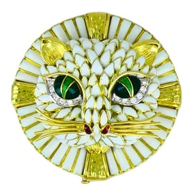 Vintage David Webb Cat Brooch Pendant 18k Gold Enamel Diamond Estate Jewelry
