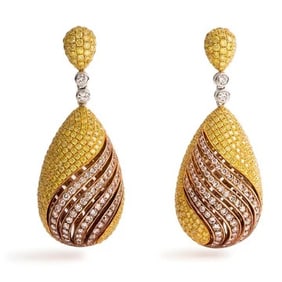 12.07 Cttw Fancy Yellow, Pink And White Diamond Tri Color Gold Dangle Earrings