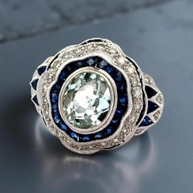 French Cut Sapphire Diamond Aqua Ring
