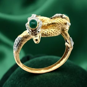 Dragon Diamond Emerald 18K Yellow Gold Bangle