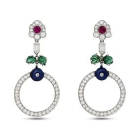Cognata R. Yard Diamond Emerald Ruby Sapphire Platinum Drop Earrings