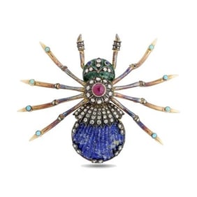 Large Multi Gem Diamond Enamel 18K Yellow Gold Spider Brooch