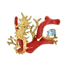 Joseph Murat Aquamarine, Coral, Diamond 18 K Yellow Gold Sea Horse Brooch