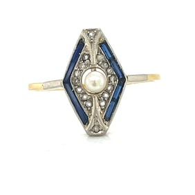 18k Art Deco Pearl Sapphire Diamond Ring