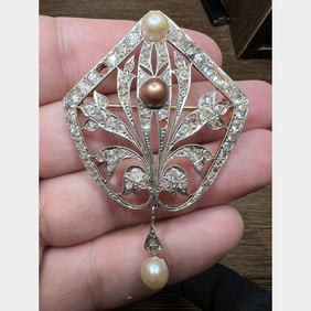 Victorian 18K & Platinum Natural Pearl and Diamond Brooch