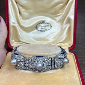 Incredible Art Deco Platinum Diamond, Natural Pearl, and Sapphire Bracelet