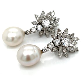 Platinum 10.10 Ct. Diamond and South Sea Pearl Earrings