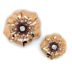 Retro 14K & Platinum Diamond & Ruby Brooch Set