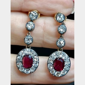 18K Yellow Gold & Silver Top Ruby and Diamond Earrings