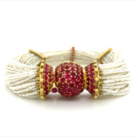 18K Yellow Gold Natural Pearl & Synthetic Ruby Bracelet