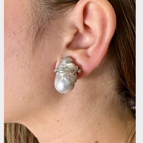 18K White Gold South Sea Pearl & Diamond Earrings, signed Yvel