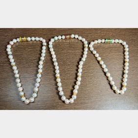 18K Yellow Gold Cultured Pearl 3-Strand Necklace Set