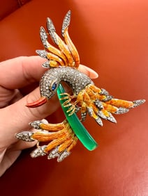 Enamel & Blue Sapphire, Emerald and Diamond Bird Pine, Two Tone 18k & Sterling Silver