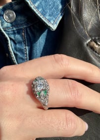 Art Deco Emerald & Diamond Ring, Platinum