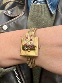 Retro Ruby & Diamond Flip Watch Bracelet, 14k