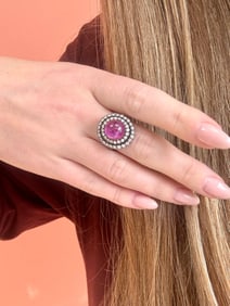 Cabochon Star Ruby & Diamond Ring, 14k & Sterling Silver