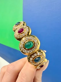 Retro Cabochon Emerald, Blue Sapphire, Ruby & Diamond Bracelet, 18k