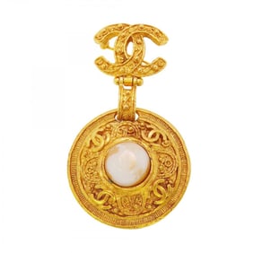 Chanel Brooch Coco Mark Circle GP Plated Fake Pearl Gold Ladies