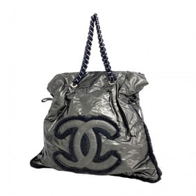Chanel tote bag, chain shoulder, nylon, black, grey, women's