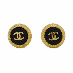 Chanel Earrings Coco Mark Circle GP Plated Gold Black Ladies