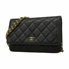 Chanel Shoulder Wallet Matelasse Chain Caviar Skin Black Women's