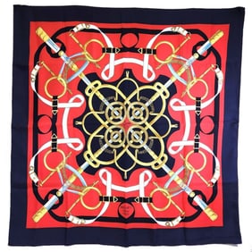 Hermes HERMES Carré 90 Golden Spur Eperon dol Scarf Bandana Large Red Navy Silk