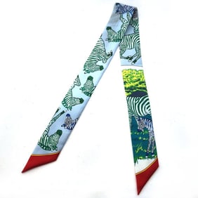 Hermes HERMES Scarf Twilly Green Multicolor Silk Ribbon Bag Charm Zebra