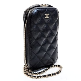 CHANEL Matelasse Phone Holder A70655 Chain Shoulder Bag Black Caviar Skin Smartphone Pouch Case for