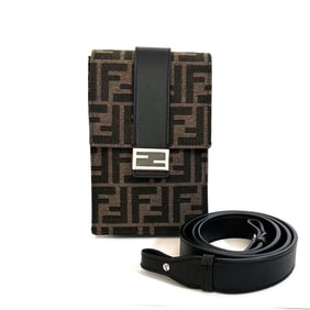 FENDI ZUCCA Shoulder Phone Case 7AR871 Khaki Dark Brown Canvas Leather Bag Smartphone Pouch for