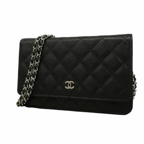 Chanel Shoulder Wallet Matelasse Chain Caviar Skin Black Women's
