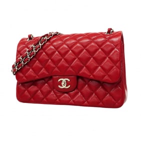Chanel Shoulder Bag Deca Matelasse W Flap Chain Caviar Skin Red Women's
