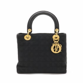 Christian Dior Lady Cannage Handbag Tote Bag Nylon Leather Black