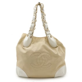 CHANEL Coco Mark Chain Shoulder Tote Bag Canvas Leather Beige White