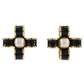 CHANEL Ribbon Earrings, Gold Plated x Fake Pearl, Black, Approx. 52.7g, Ribbon, Women's