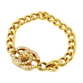 Chanel Bracelet Turnlock Chain GP Plated Rhinestone Gold Ladies