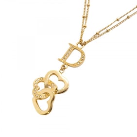 Christian Dior Necklace D Heart Motif Double Chain GP Plated Rhinestone Gold Ladies