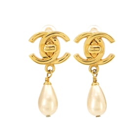 CHANEL Faux Pearl Swing Earrings Coco Mark Gold White 95A