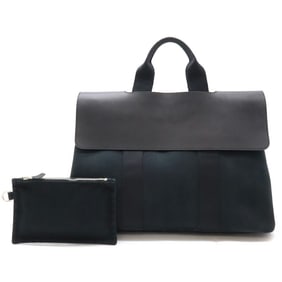 HERMES Valparaiso MM Handbag Tote Bag Toile Chevron Leather Black