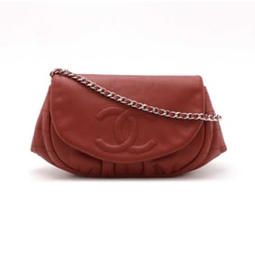 CHANEL Half Moon Coco Mark Chain Wallet Shoulder Bag Pochette Leather Red 0033