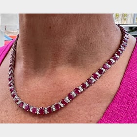 14K White Gold Ruby & Diamond Necklace