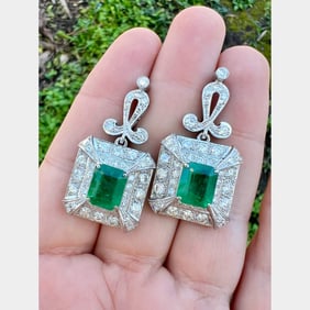 Art Deco Platinum Emerald & Diamond Earrings