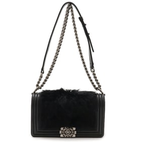 CHANEL Boy Chanel 25 Coco Mark Chain Shoulder Bag Lambskin Fur Black